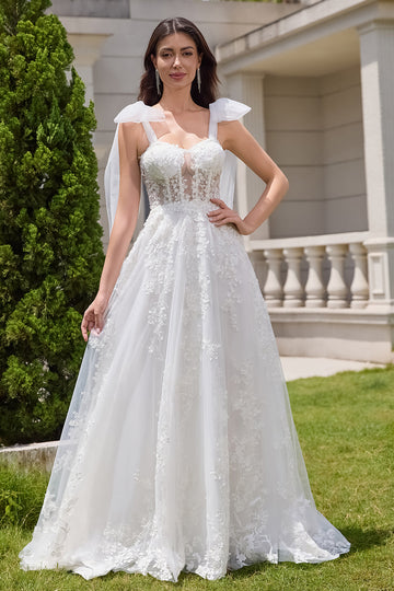 Vestido de novia corsé de tul con cordones blanco princesa con apliques